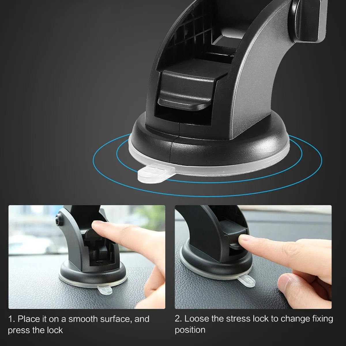 Yellow and black telescopic car phone holder with suction cup mounted on a dashboard
