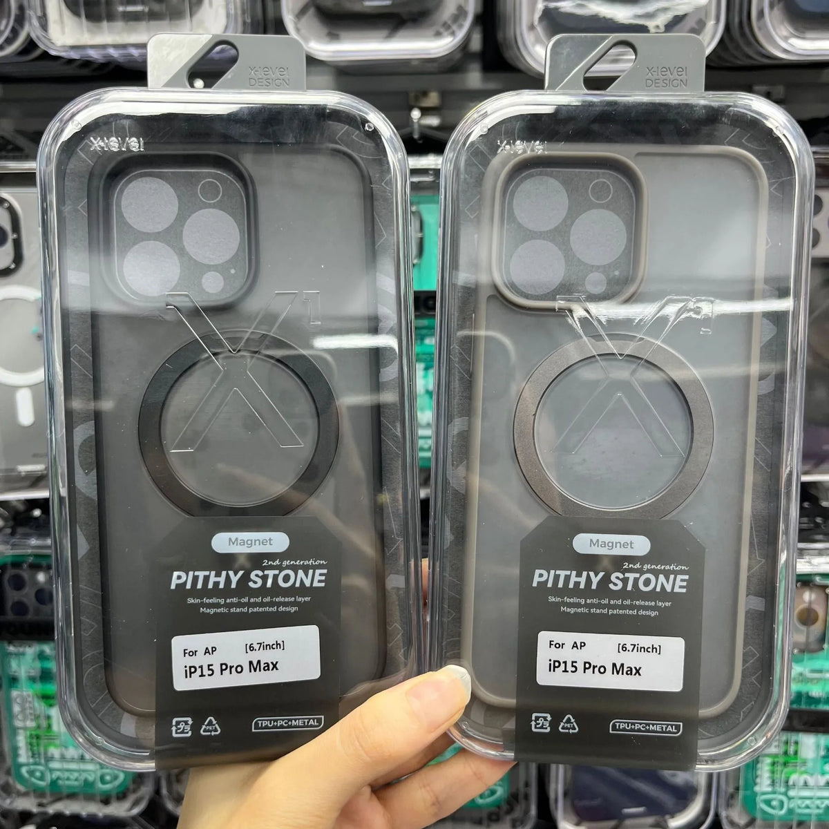 Magnetic bracket phone case for iPhone 15 in frosted Black, Blue or Grey with TPU PC cover and drop protection