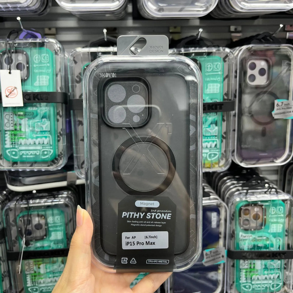 Magnetic bracket phone case for iPhone 15 in frosted Black, Blue or Grey with TPU PC cover and drop protection