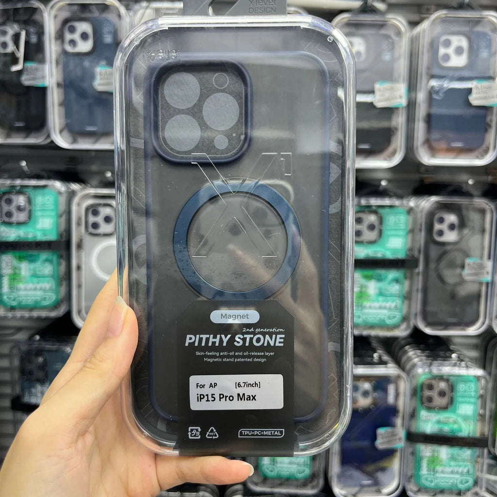 Magnetic bracket phone case for iPhone 15 in frosted Black, Blue or Grey with TPU PC cover and drop protection