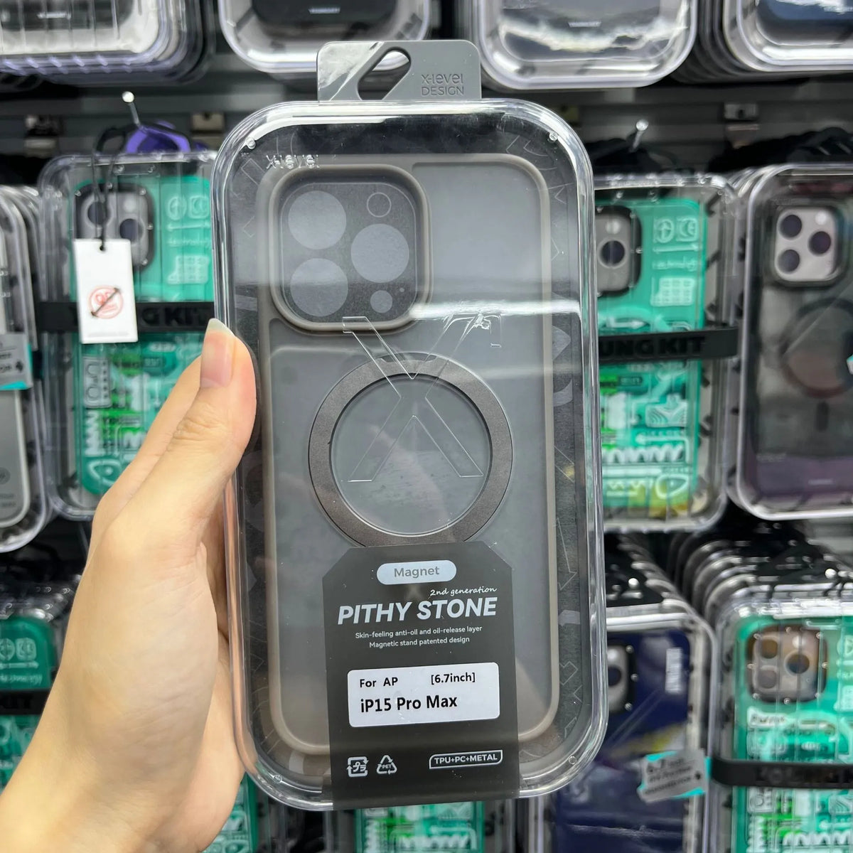 Magnetic bracket phone case for iPhone 15 in frosted Black, Blue or Grey with TPU PC cover and drop protection