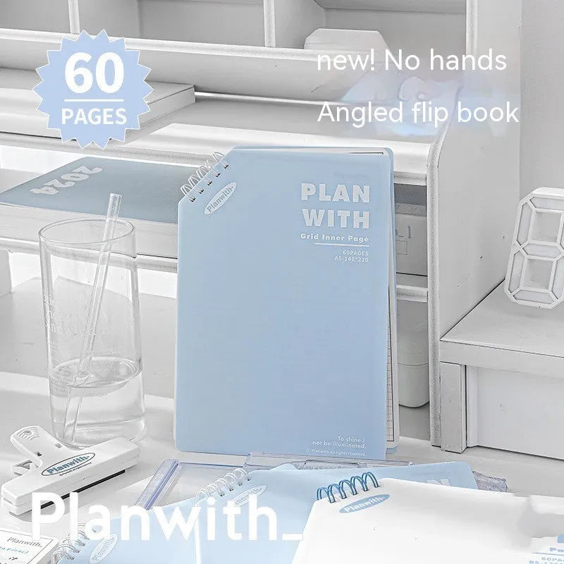 A5 horizontal softcover notebook with plain pages, shown in white and plaid blue cover options.
