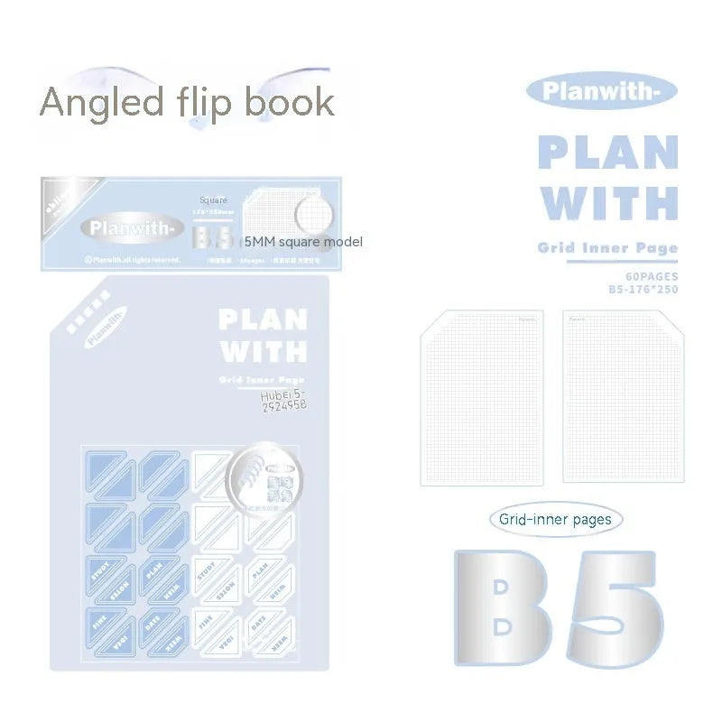 A5 horizontal softcover notebook with plain pages, shown in white and plaid blue cover options.
