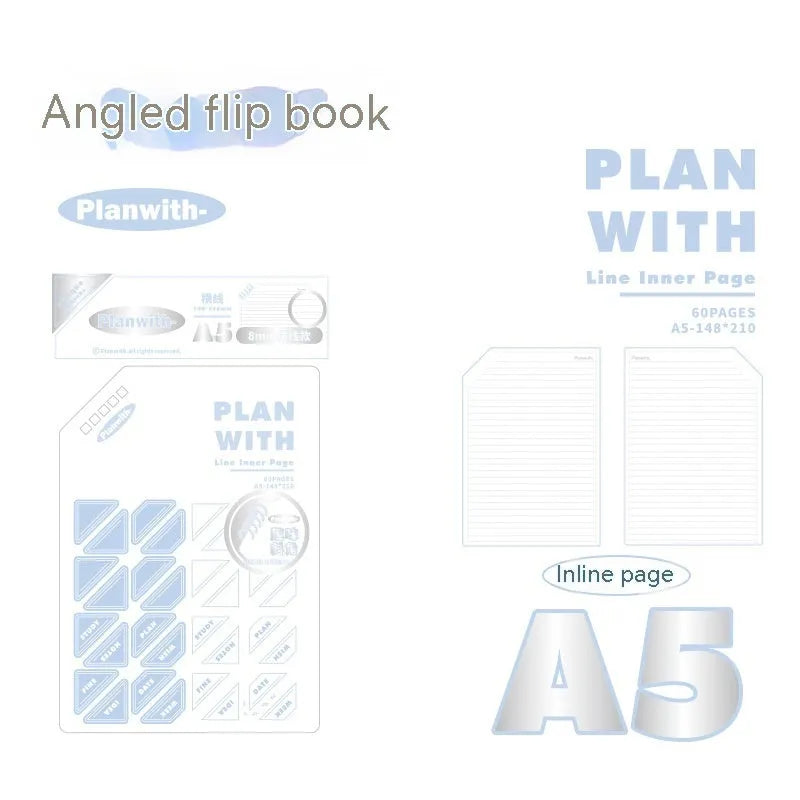 A5 horizontal softcover notebook with plain pages, shown in white and plaid blue cover options.