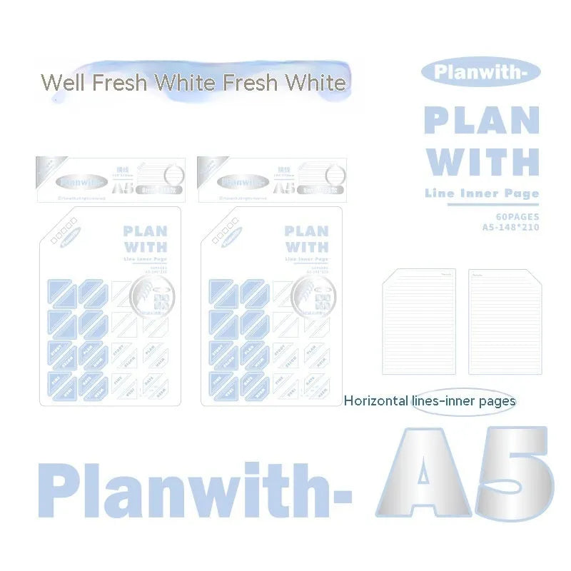A5 horizontal softcover notebook with plain pages, shown in white and plaid blue cover options.