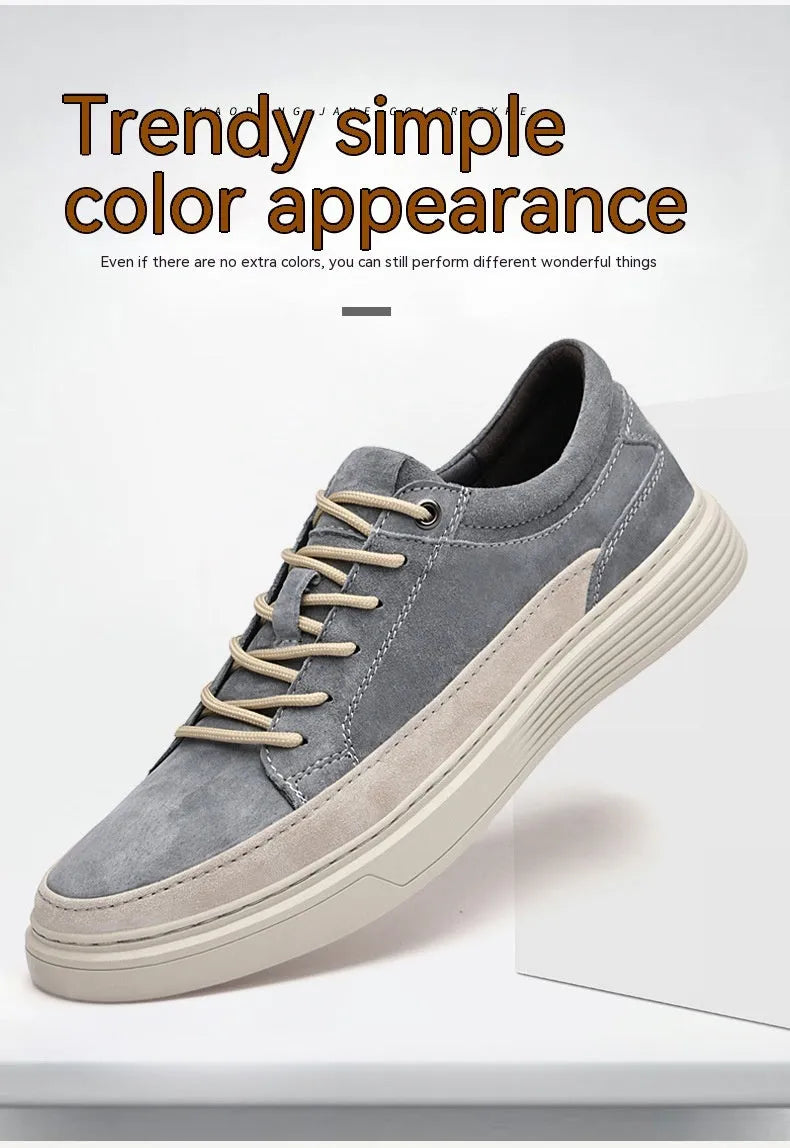 Men's grey pigskin leather casual skate shoes with round toe and flat rubber sole on a light background.