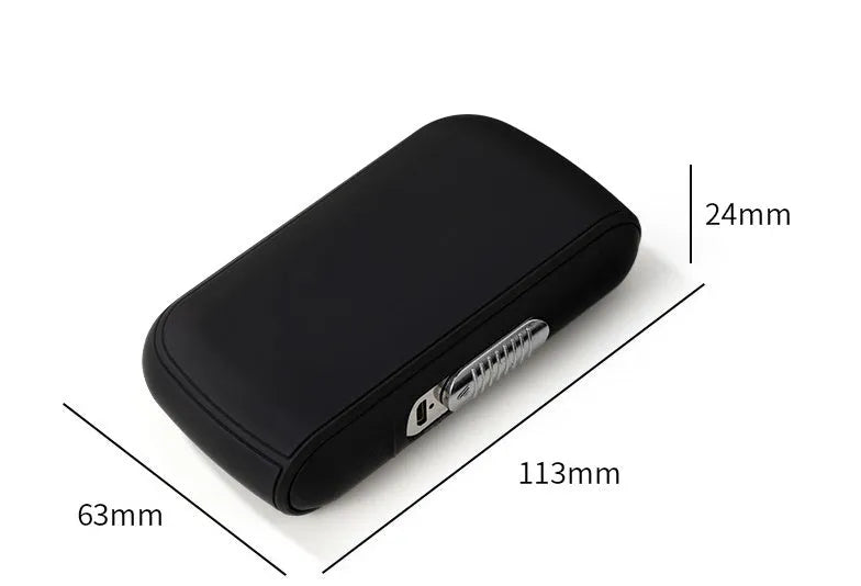 USB rechargeable cigarette case lighter holding ten thick cigarettes in black plastic with lighter top visible