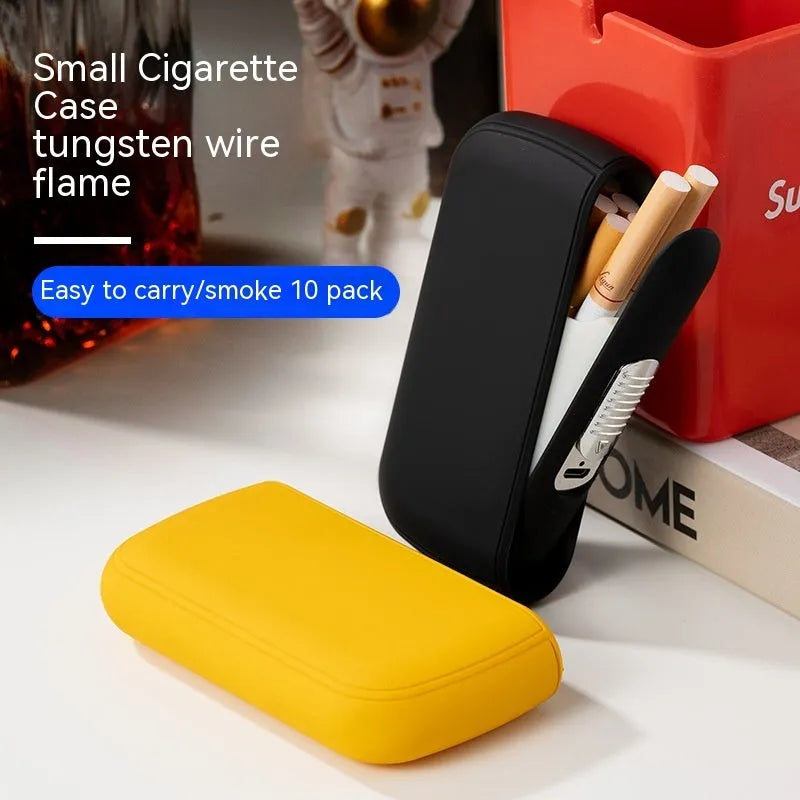 USB rechargeable cigarette case lighter holding ten thick cigarettes in black plastic with lighter top visible