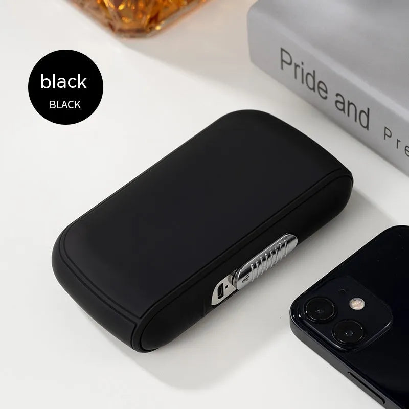 USB rechargeable cigarette case lighter holding ten thick cigarettes in black plastic with lighter top visible