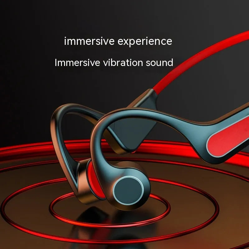 Bone conduction Bluetooth headset in black and red with ear-hook design and digital display
