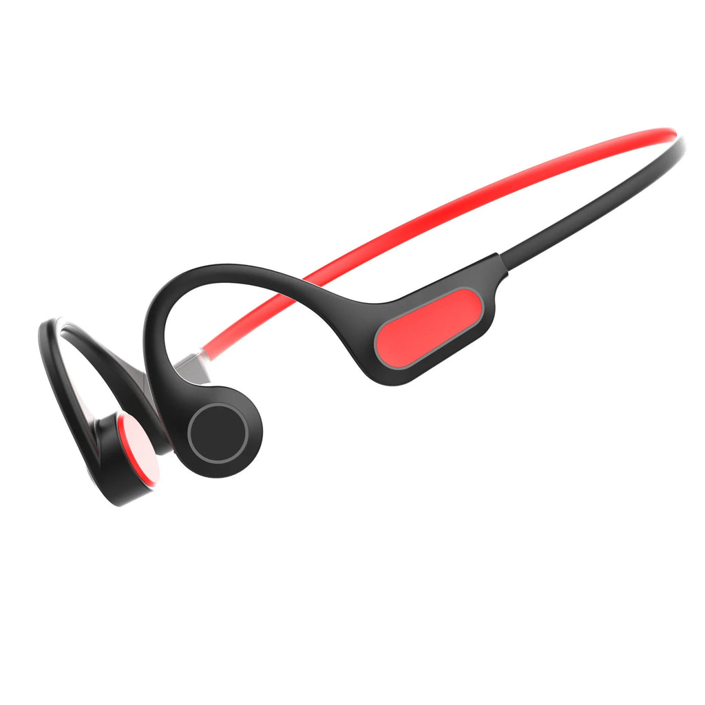 Bone conduction Bluetooth headset in black and red with ear-hook design and digital display