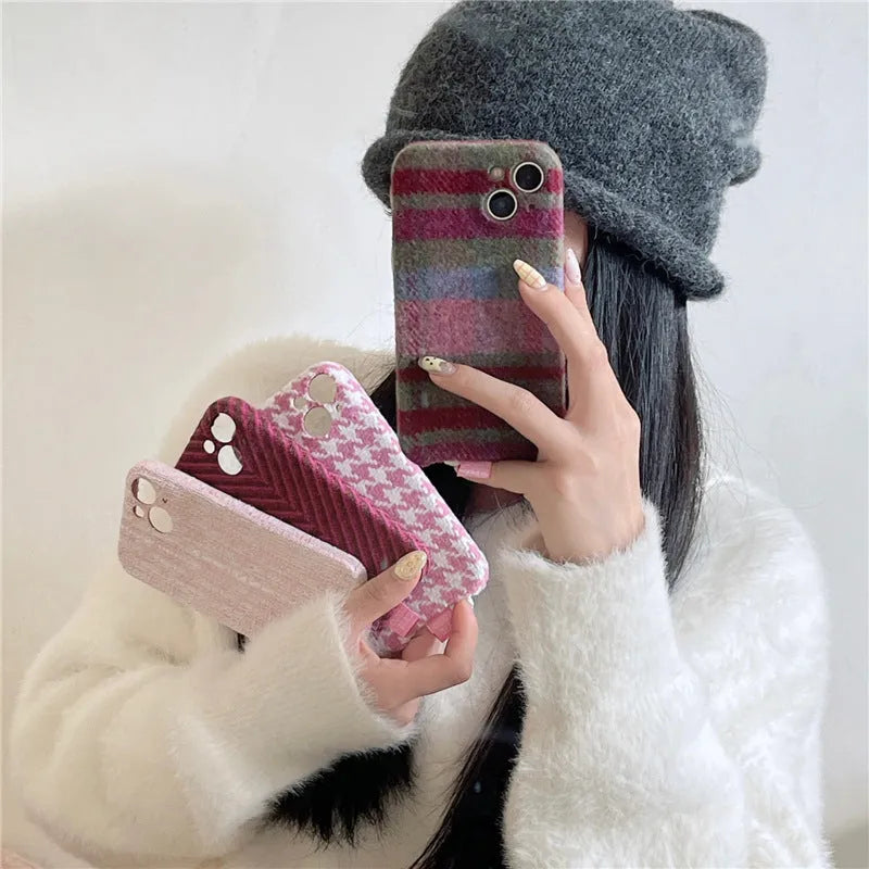 Pink houndstooth TPU phone case for iPhone 14 Pro Max with drop protection