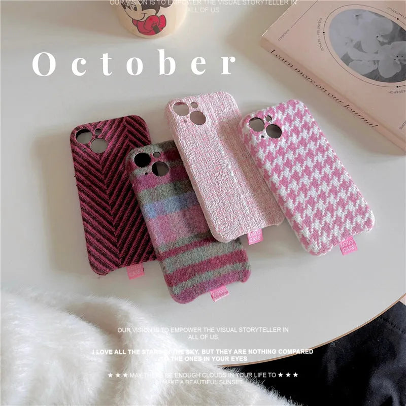 Pink houndstooth TPU phone case for iPhone 14 Pro Max with drop protection