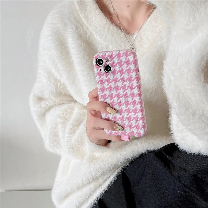 Pink houndstooth TPU phone case for iPhone 14 Pro Max with drop protection