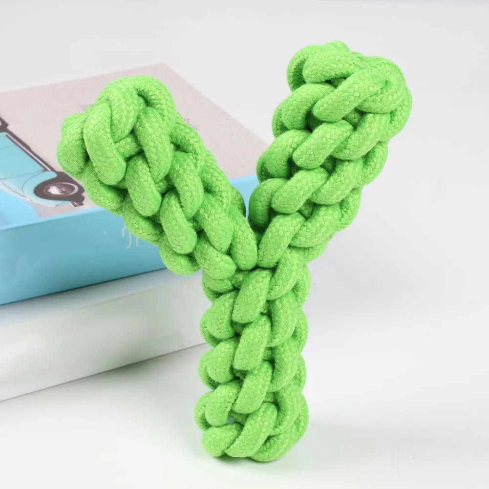 Blue Y-shaped cotton rope dog chew toy for large dogs shown with measurement scale