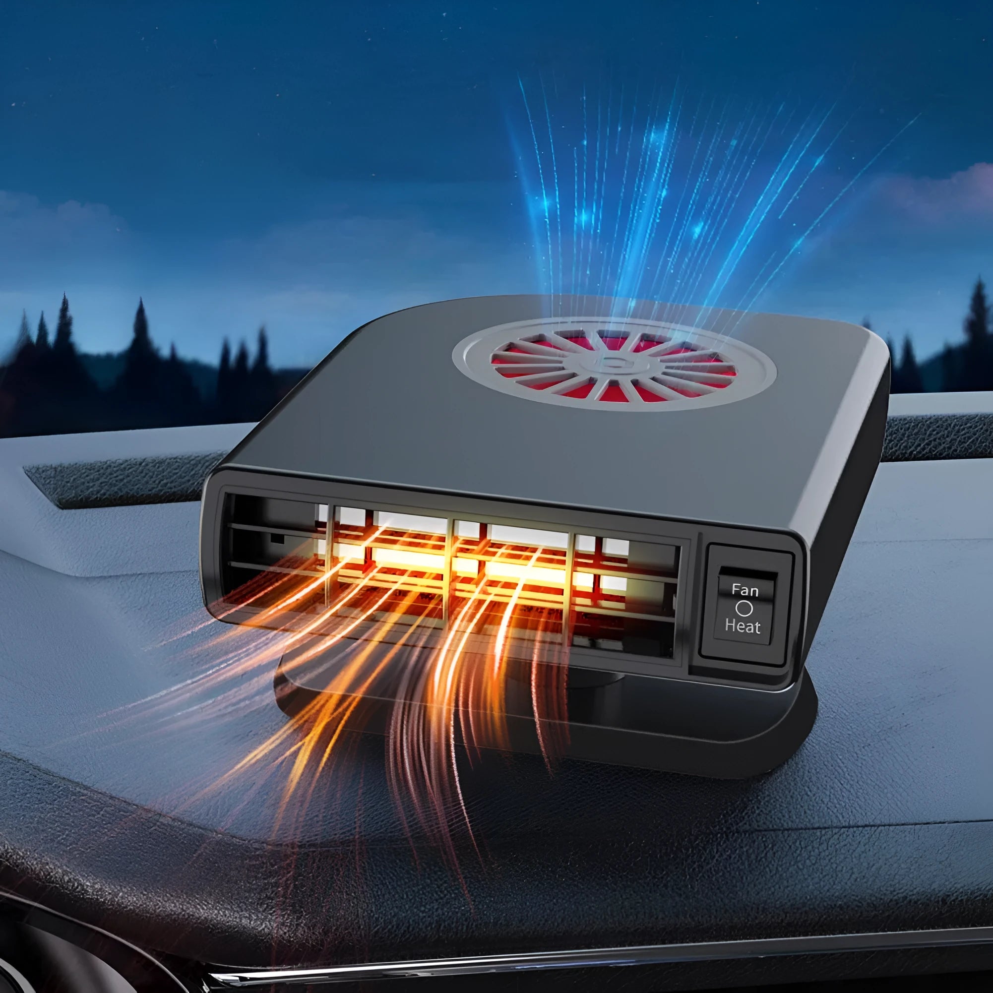 Black 12V vehicle-mounted heater for car defrosting on a dashboard.