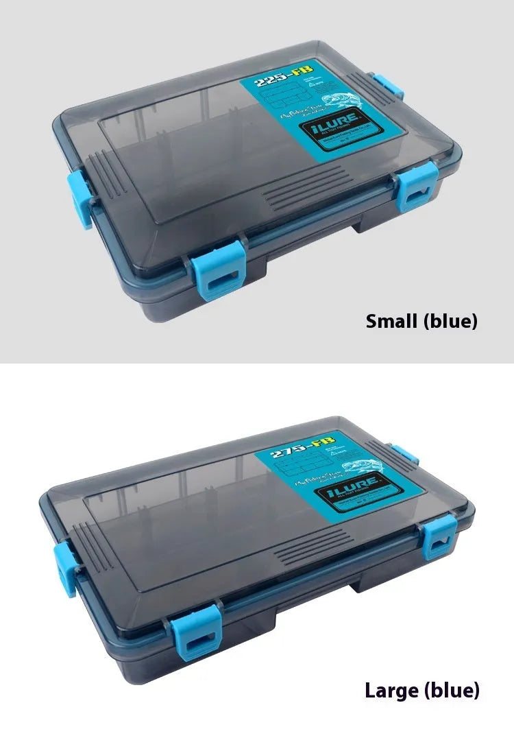 Blue waterproof plastic fishing lure storage box for tackle organisation.