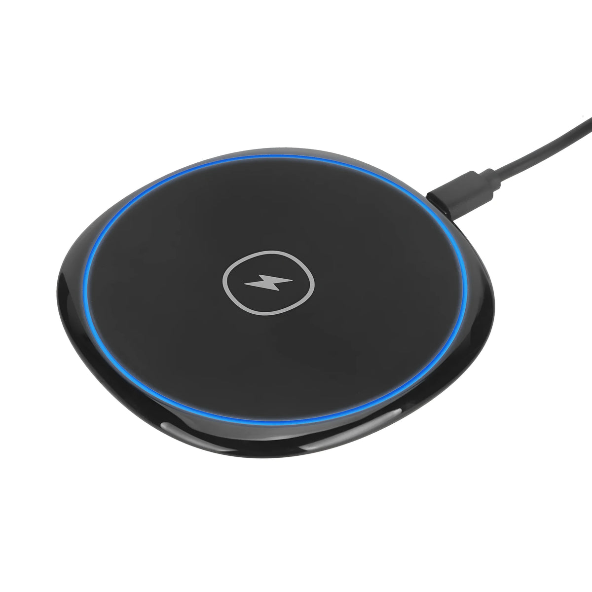 Black 15W fast wireless charger on a desk, glossy surface with indicator light