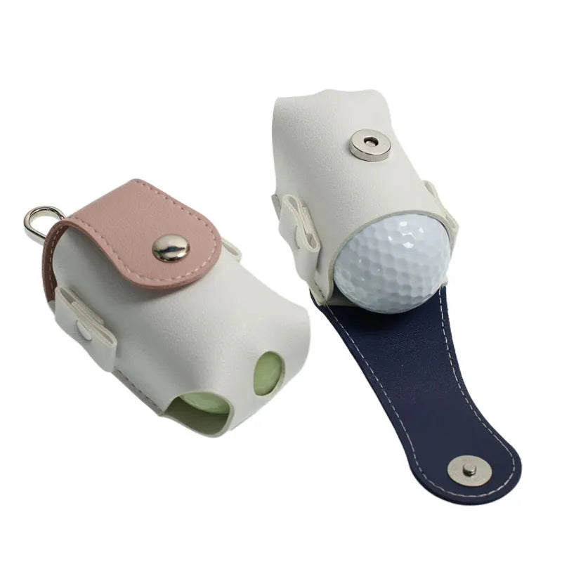 Mini portable PU golf ball bag in blue, pink, brown, and gray on a white background
