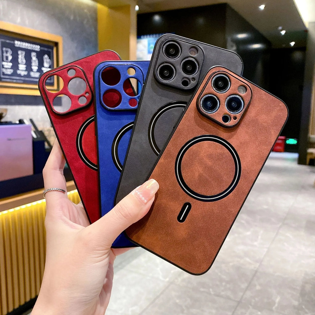 Magnetic PC phone case for iPhone in dark gray, royal blue, brown, and red