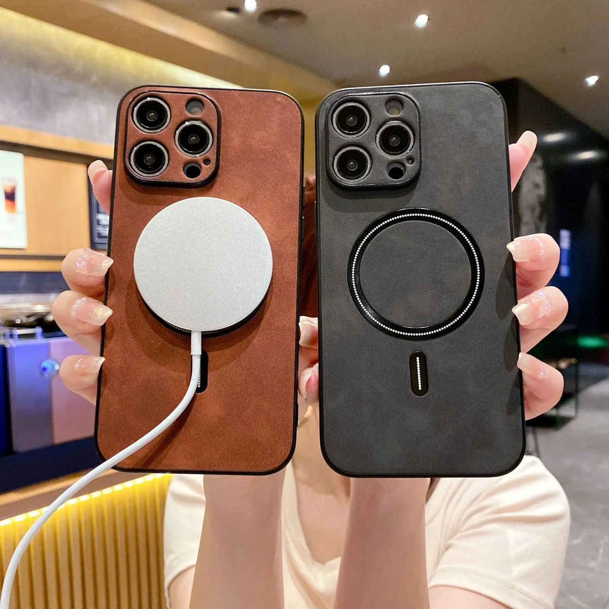 Magnetic PC phone case for iPhone in dark gray, royal blue, brown, and red