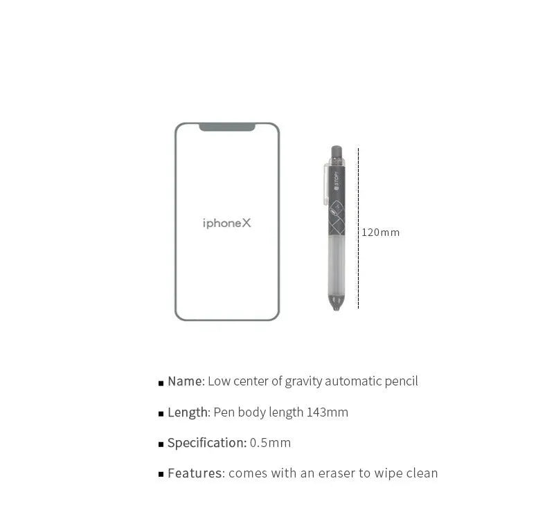 Black and white 0.5mm HB mechanical pencil with plastic barrel and minimalist design