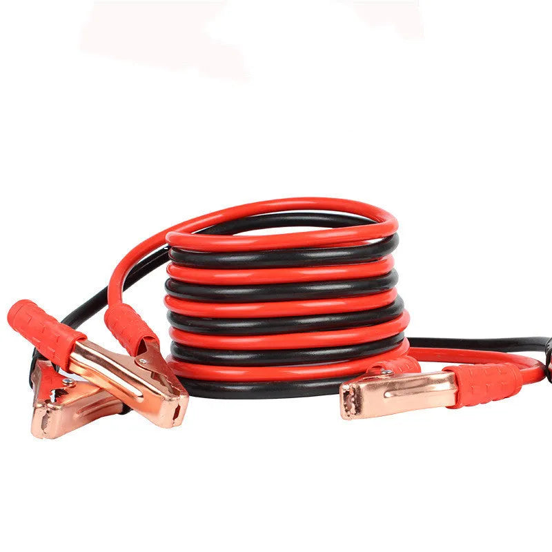 Black and red car battery jump starter cables with battery clips on 2 metre cables