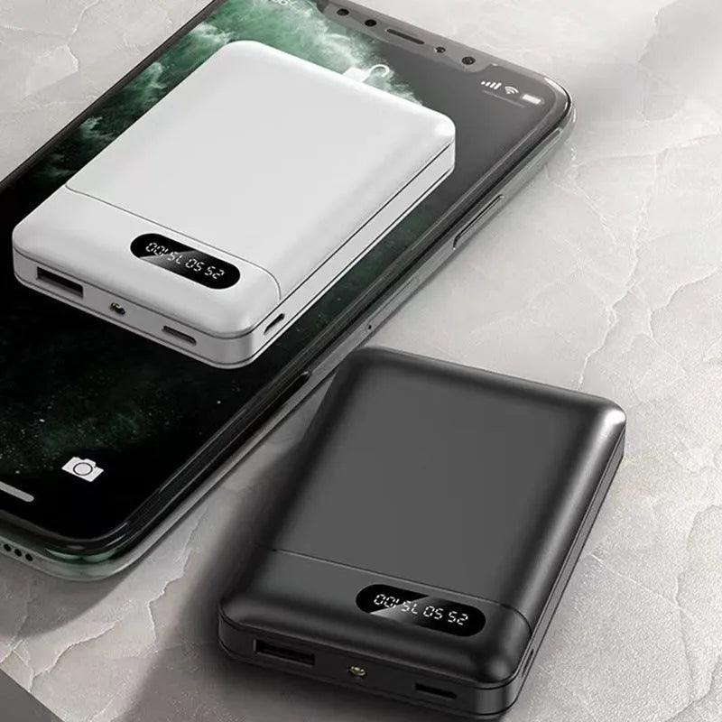 Black or white portable power bank with multi-USB ports, showing 10000mAh 4000mAh 5000mAh 6000mAh capacity options.