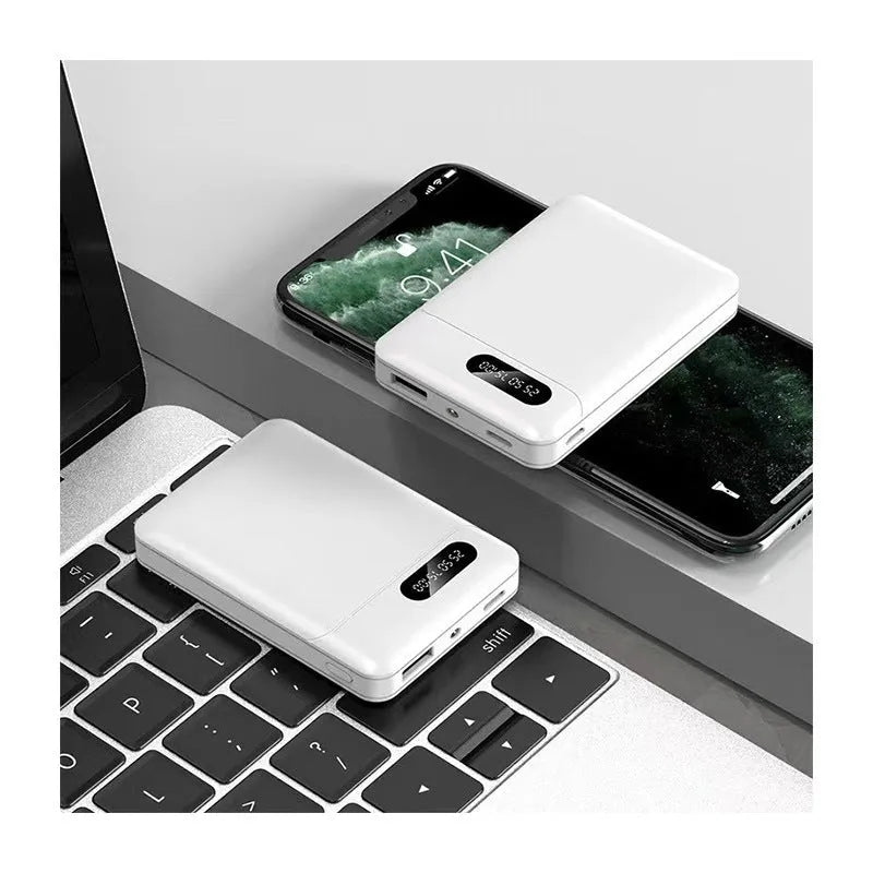 Black or white portable power bank with multi-USB ports, showing 10000mAh 4000mAh 5000mAh 6000mAh capacity options.