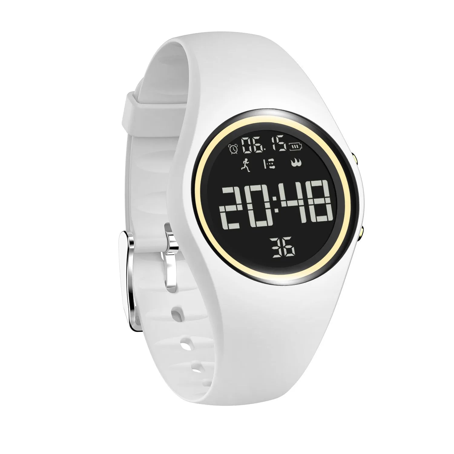 Standby waterproof smartwatch with silicone strap in pink, showing touch button controls