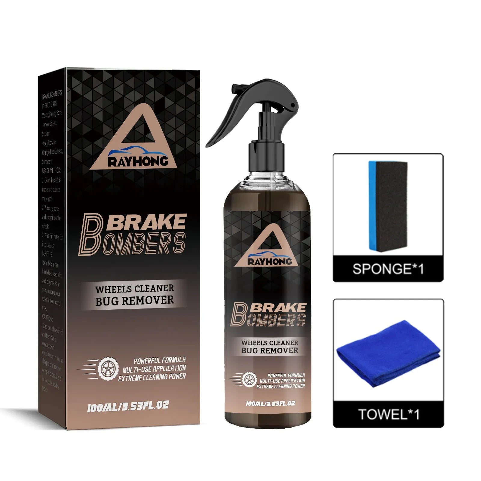 Car brake cleanser bottle with sponge towel for automotive rust removal and polishing