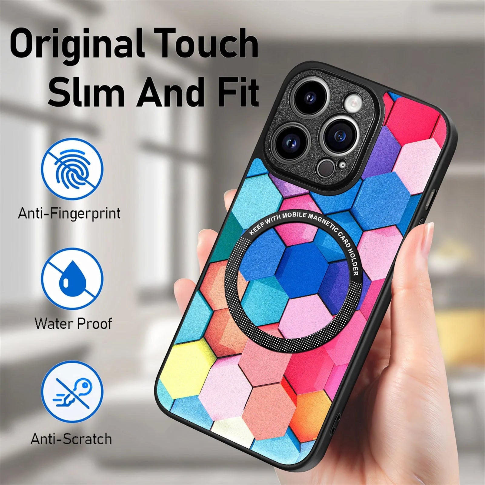 Two-in-one magnetic suction phone case for iPhone 14 or 15, purple scales colour, with silicone outer layer and plastic shell cutouts visible