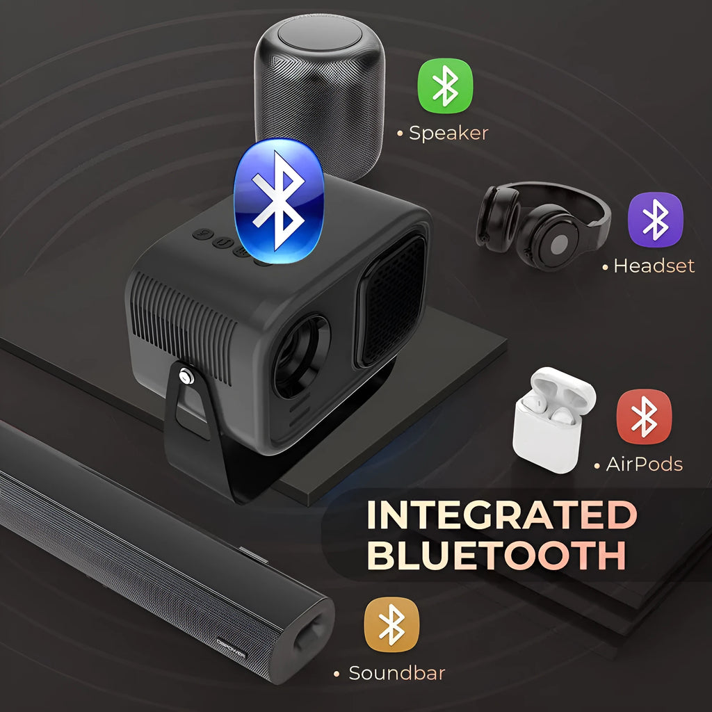 Black portable HD projector with remote control for home office use