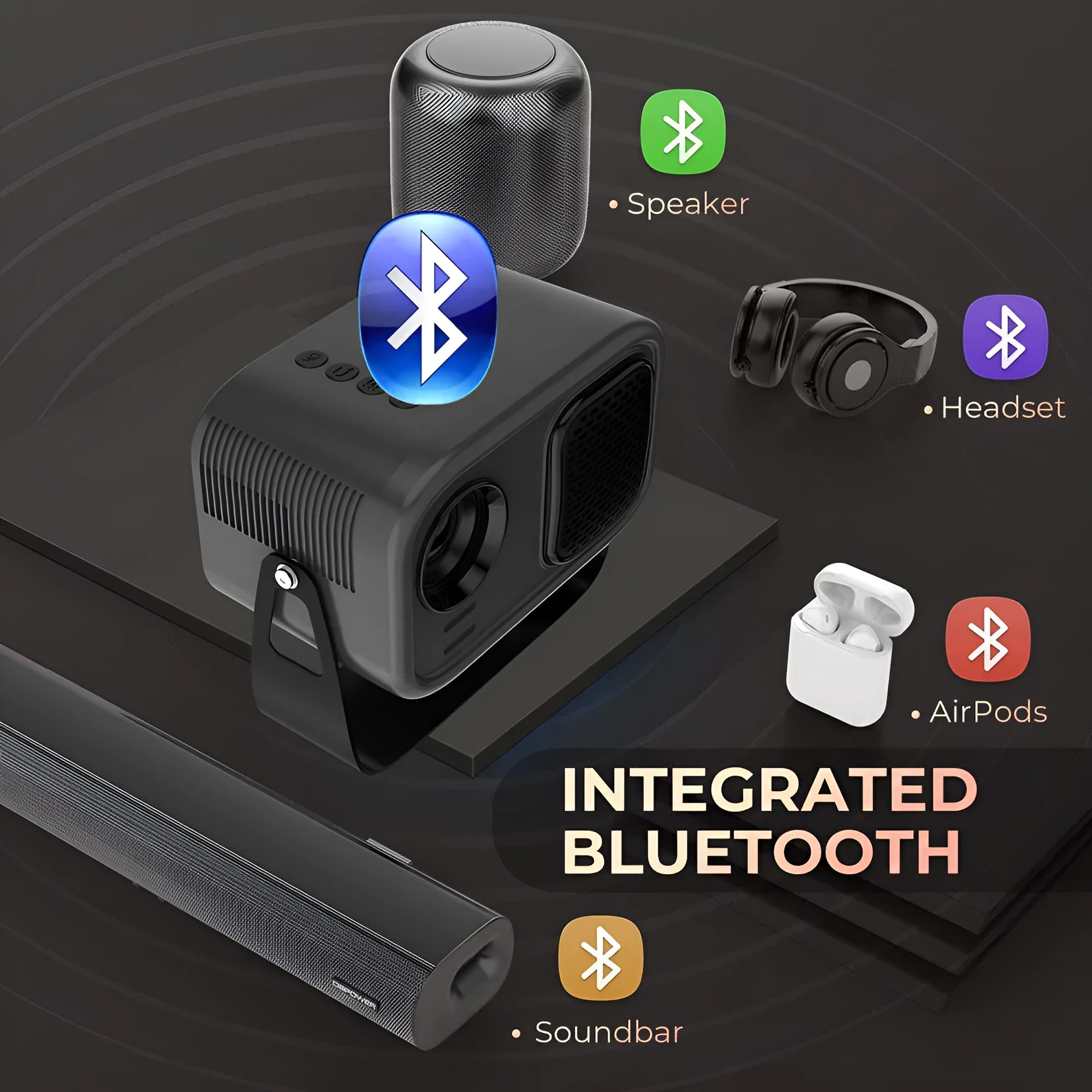 Black portable HD projector with remote control for home office use