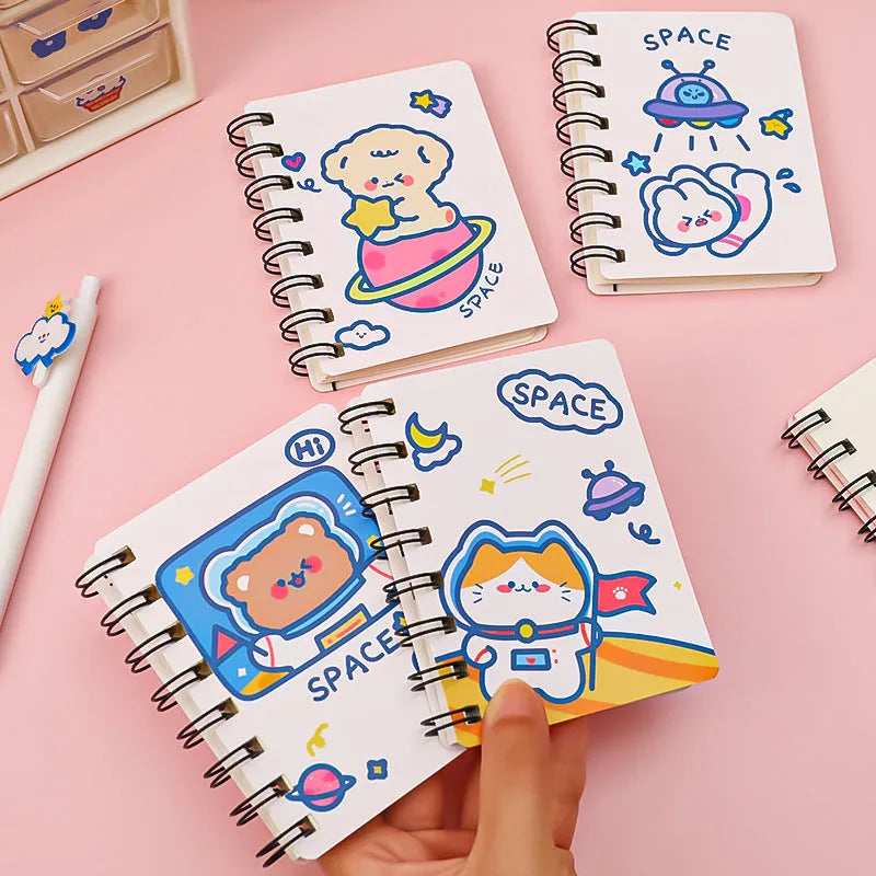 Astronaut series pocket flipper notebook showing 10.5cm x 8cm dimensions with choice of four cover designs