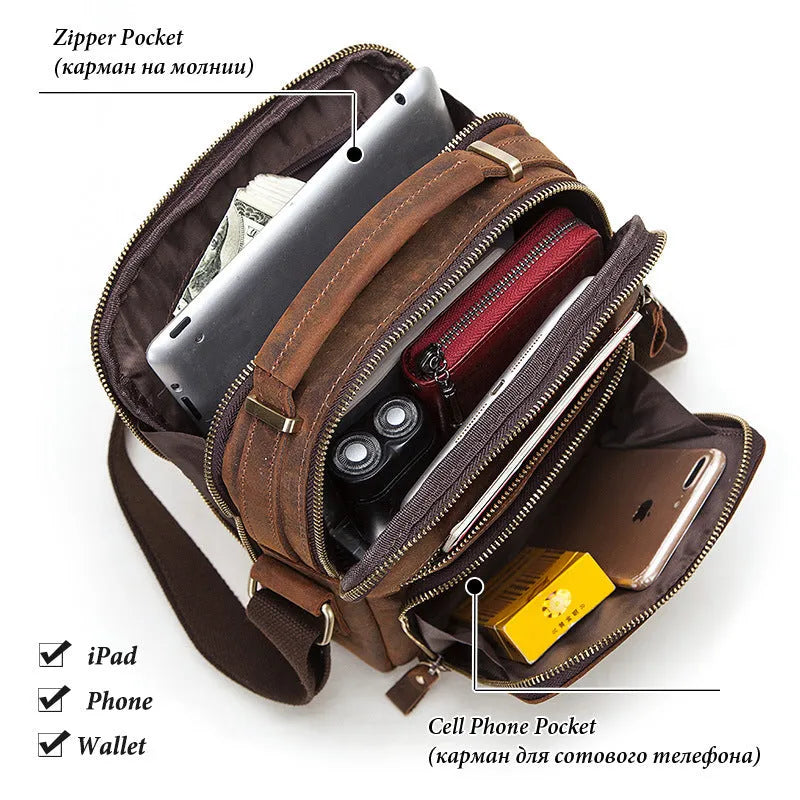 Men's brown Crazy Horse leather crossbody bag with sewing line details and shoulder strap