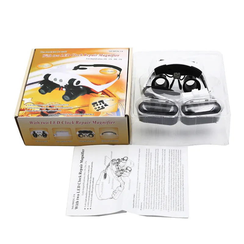 Headset magnifying glass LED light with four magnification settings and adjustable headband