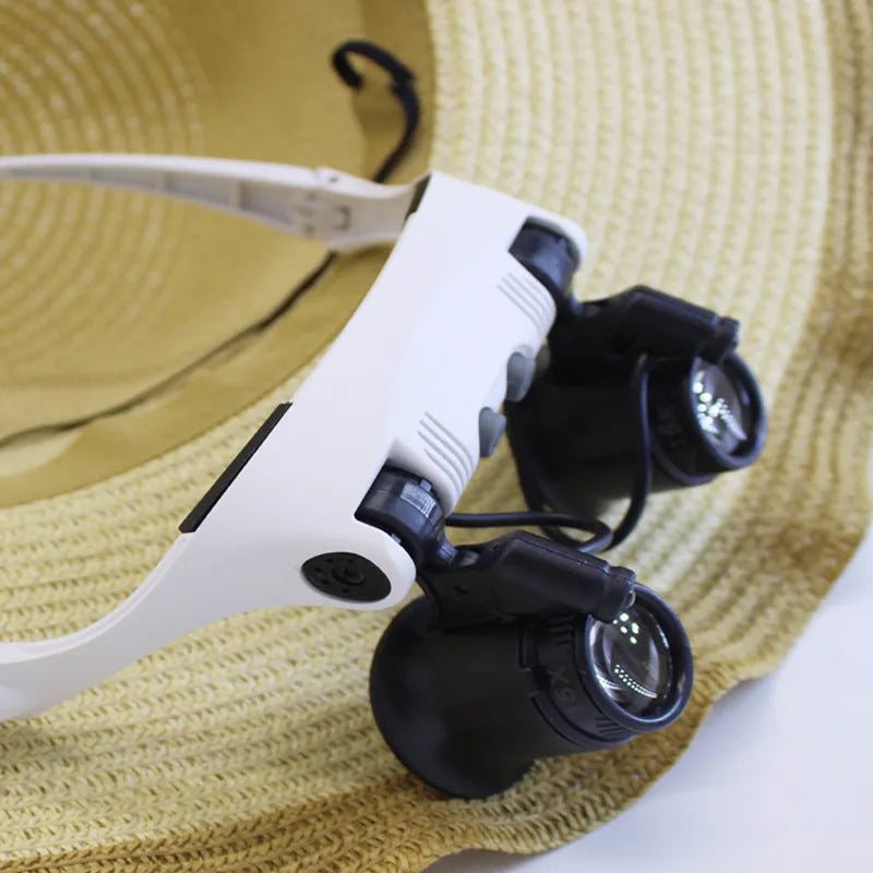 Headset magnifying glass LED light with four magnification settings and adjustable headband