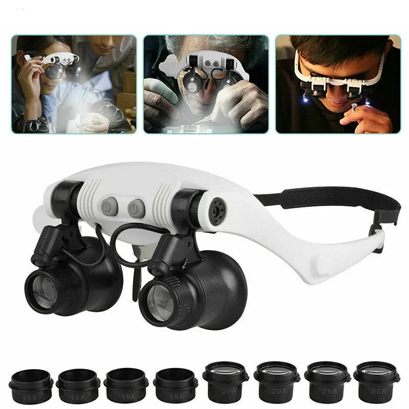 Headset magnifying glass LED light with four magnification settings and adjustable headband