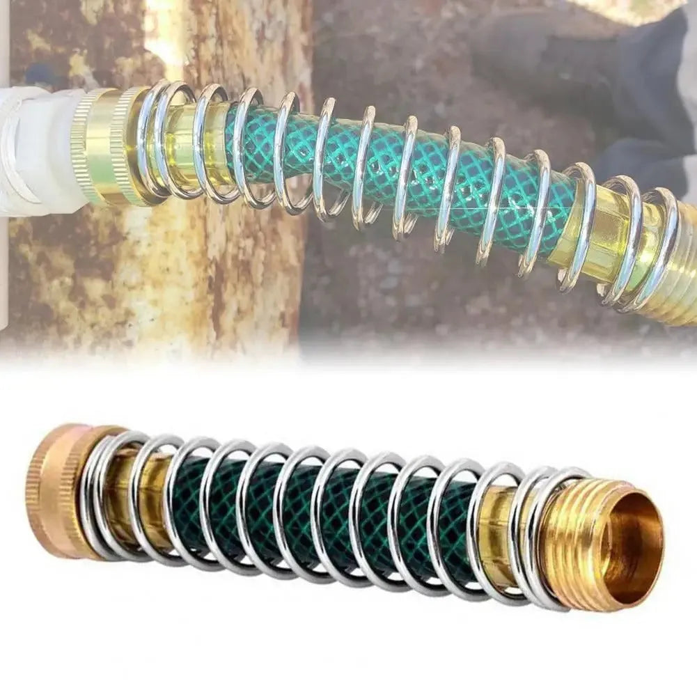 Close-up of a brass spring hose connector showing the spiral spring and 3/4 inch threaded fittings