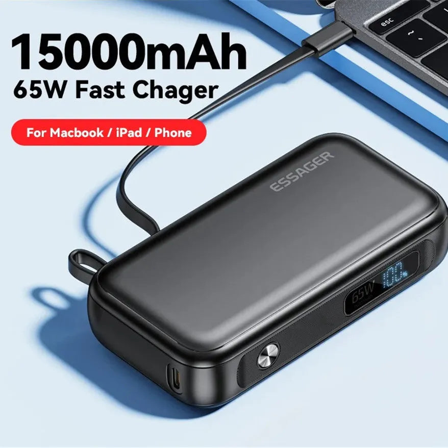 Black 15000mAh digital display power bank with USB-C and USB-A ports