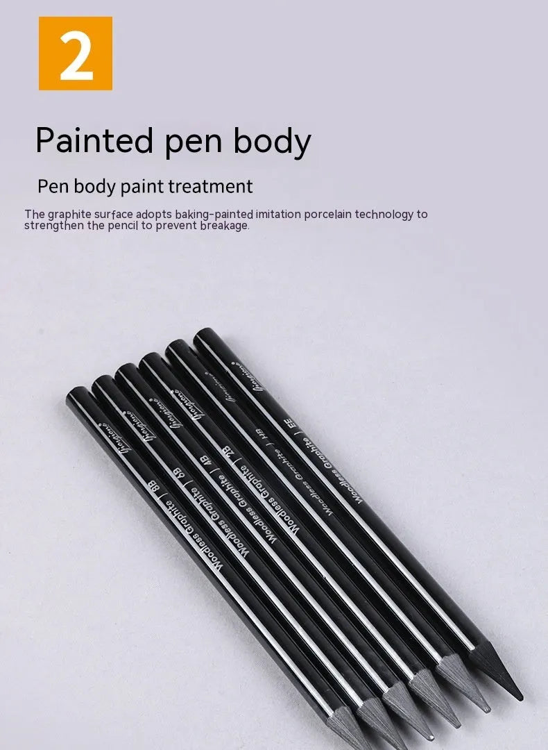 Set of nine graphite and carbonised drawing pencils in wooden casings on a suction card.