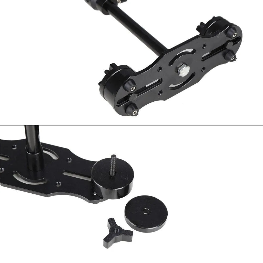 Black aluminum handheld camera stabilizer with adjustable height mechanism and grip handle