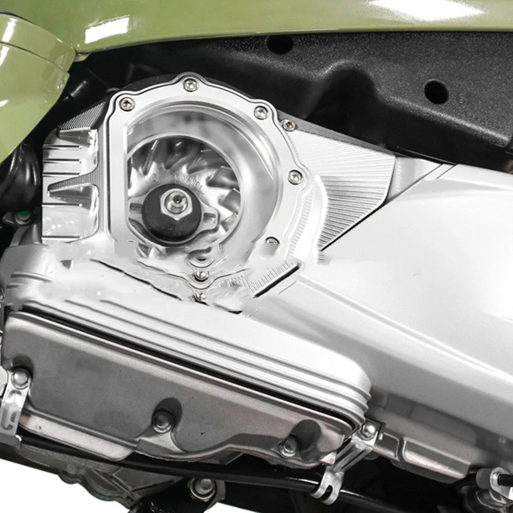 Vespa Primavera scooter clutch intake cover in black, red, silver, and titanium finish options