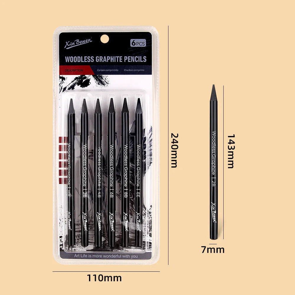 Set of six wood-free graphite sketching pencils in grades HB, 2B, 4B, 6B, 8B, and EE