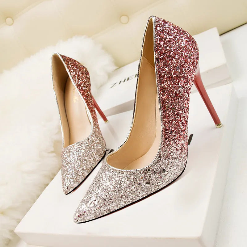 Women's pointed low-cut sequin stiletto heels in blue with rubber sole, size 34-39