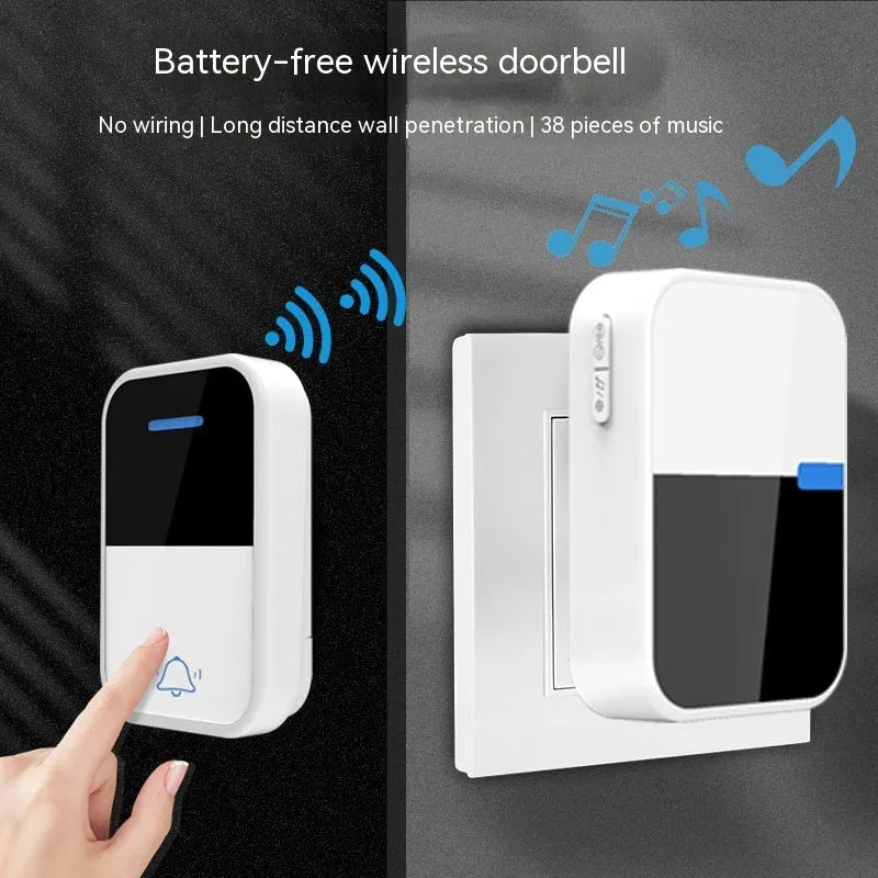 White plastic wireless doorbell receiver and transmitter with self-generating, long-range technology.