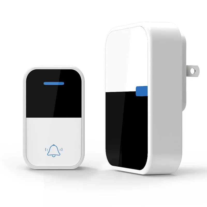 White plastic wireless doorbell receiver and transmitter with self-generating, long-range technology.