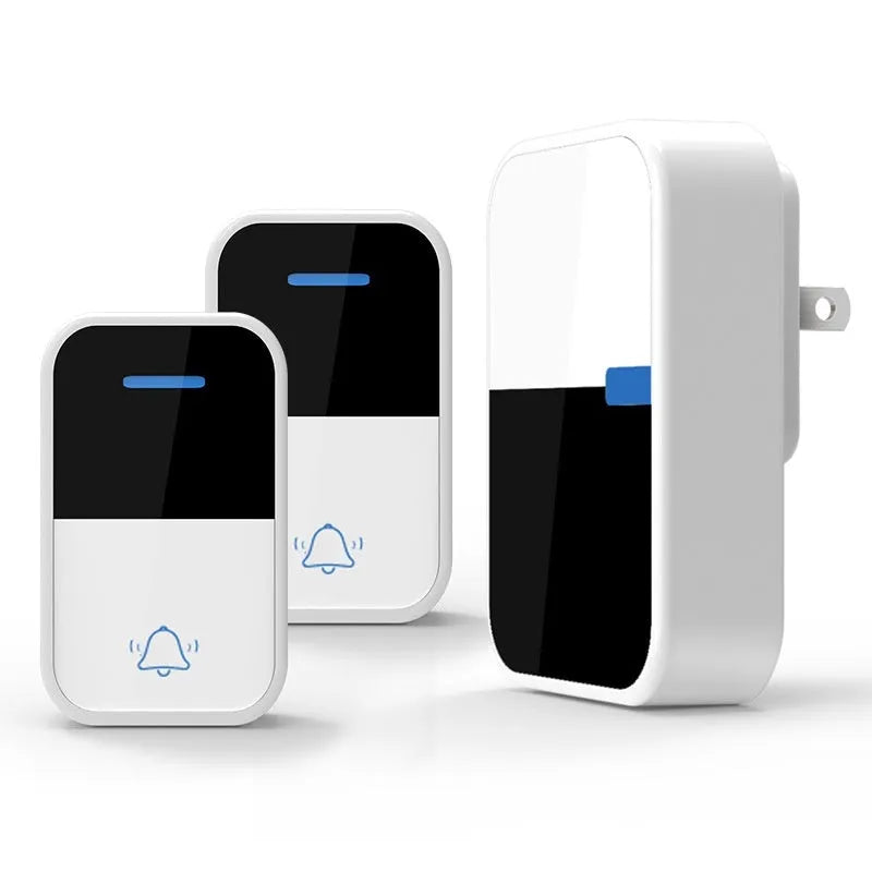 White plastic wireless doorbell receiver and transmitter with self-generating, long-range technology.