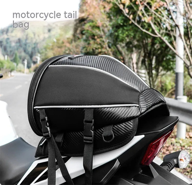 Black waterproof motorcycle crossbody bag with reflective strips and multiple pockets